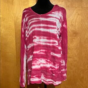 The Pyramid Collection Large Tie-Dye Pink and White Long Sleeve Top with Hood